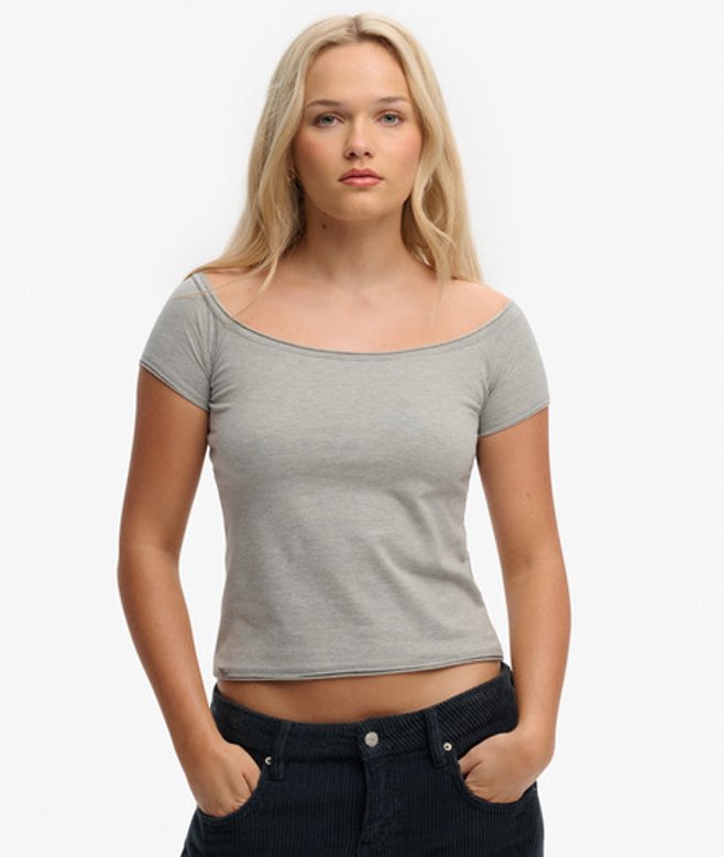 Superdry Women's Bardot Short Sleeve Off Shoulder Top Grey