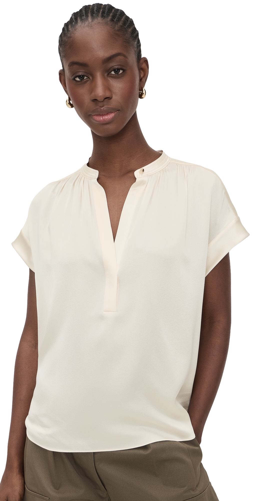 Vince Gathered Neck Cap Sleeve Silk Blouse Crème X