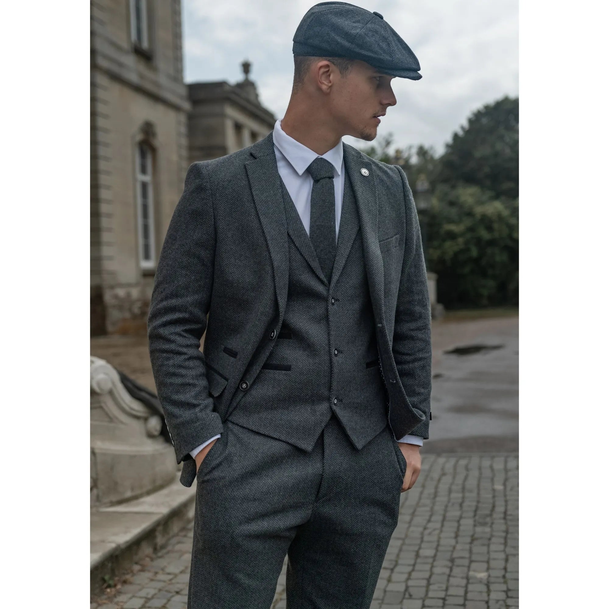Vintage Classical Pieces Mens Suit Herringbone Tweed Notch Lapel Tuxedos Blazer+vest+Pants