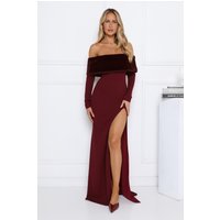 Glow In The Snow Faux Fur Off Shoulder Maxi Dress Wine