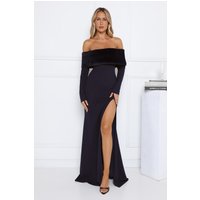Glow In The Snow Faux Fur Off Shoulder Maxi Dress Navy