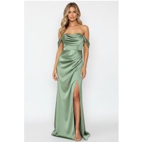 Silken Starlet Off Shoulder Satin Maxi Dress Olive