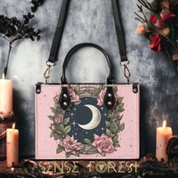 Kawaii Goth Boho Cottagecore Pink Rose Moon Star Vegan Leather Leather Handbag