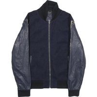 ZARA Mens Navy Blue Wool Blend Bomber Jacket M Leather Sleeves Zip Fastening