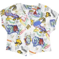 YESSICA Womens White Abstract Printed Blouse Short Sleeve V-Neck Relaxed Fit