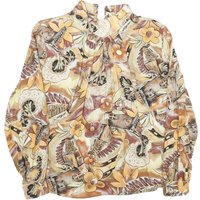 ANGELICA Womens Beige Printed Blouse Long Sleeve Button Neck M Floral Retro