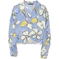 ZARA Womens Blue & Yellow Printed Shirt Long Sleeve Collared M Floral Crop Top