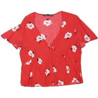 ZARA Womens Red Floral Printed Blouse Short Sleeve V-Neck M Summer Top