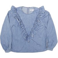 ZARA Womens Blue Cotton Blend Ruffle Detail Blouse Long Sleeve Round Neck