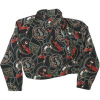 Womens Black & Green Printed Blouse Long Sleeve Collared M Stylish Crop Top