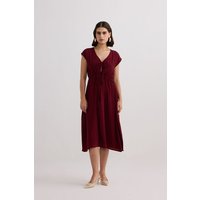 Deep V-neck Gathered Dress in Burgundy