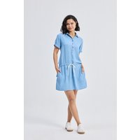 Drawstring Denim Shirt Dress with Front Buttons in Blue
