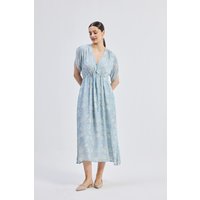 Gathered Maxi Dress with Drawstring in Blue Florals