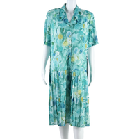 Pleated Lined Womens Shift Dress Green Floral Short Sleeve Long
