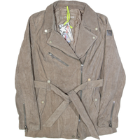 FREAKY NATION Belted Womens Biker Jacket Grey Leather Suede