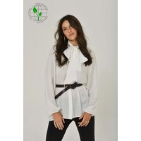 White Long Sleeve Mandarin Blouse w Removable Bow