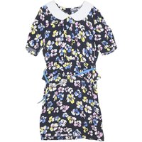Womens Black Floral Day Cotton Blend Dress Short Sleeve Short Size S Belted