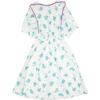 Womens White & Turquoise Floral Day Polyester Dress Elastic Waist Midi