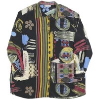 ERFE Womens Black Abstract Floral Shirt Dress Polyester Long Sleeve L Casual