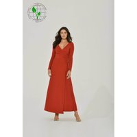 Red Long Sleeve Maxi Dress w High Slit