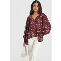 Burgundy Polka Dot Tie Neck Blouse