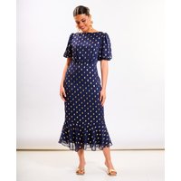 Navy Chiffon Foil Puff Sleeve Midi Dress