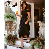 Black Cotton Shirred Bardot Midi Dress
