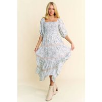Contrast Ric Smocked Bodice Tiered Midi Dress Feminine & Textured