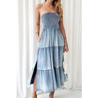 Smocked Tube Slit Tiered Denim Dress
