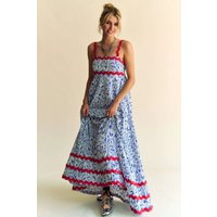 Geo Two-Tone Printed Tiered Maxi Dress with Wavi Trim Boho Chic