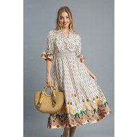 Umgee Printed Smocked Waist Flounce Sleeve Midi Dress