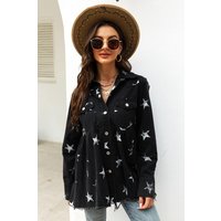 Collared Neck Star Print Long Sleeve Denim Jacket