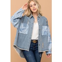 And The Why Full Size Paisley Print Quilted Sleeves Denim Jacket