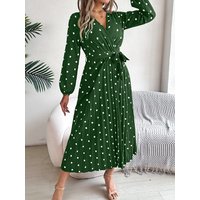 Tied Polka Dot Long Sleeve Midi Dress
