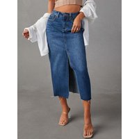 Raw Hem Front Slit Denim Midi Skirt
