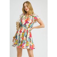 Umgee Printed Tie Neck Ruffled Hem Dress