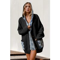 Double Take Full Size Hooded Denim Spliced Sweater Cardigan