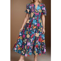 Printed Notched Puff Sleeve Midi Dress