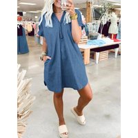 Full Size V-Neck Short Sleeve Denim Dress Plus Size Comfortable, Flattering Fit