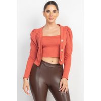 Geometric Cami Puff Sleeves Blazer Top Set