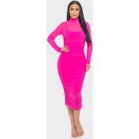 Solid Mesh Ruched Midi Dress
