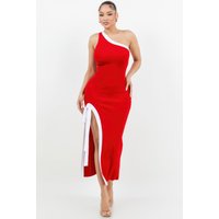 One Shoulder Side Slit Tie-up Maxi Dress