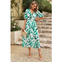 Bohemian V Neck Elastic Waisted Band Midi Dress