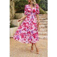 Bohemian V Neck Elastic Waisted Band Midi Dress