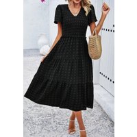 Elegant Ruched V Neck Short Sleeve Pleated Dress