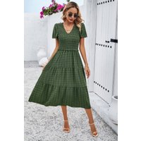 Elegant Ruched V Neck Short Sleeve Pleated Dress