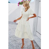 Elegant Ruched V Neck Short Sleeve Pleated Dress