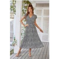 Floral V Neck Ruffle Short Sleeve High Waist Dress