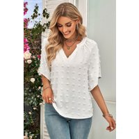 Solid Swiss Dot V Neck Puff Sleeve Blouse
