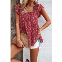 Floral Print Square Neck Ruffle Sleeve Tiered Blouse